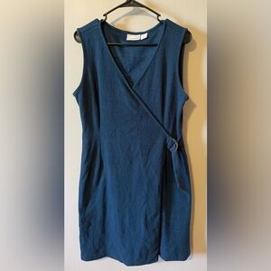 Cynthia Rowley Faux Wrap Sleeveless V-Neck Buckle Navy Blue Dress Size Large EUC